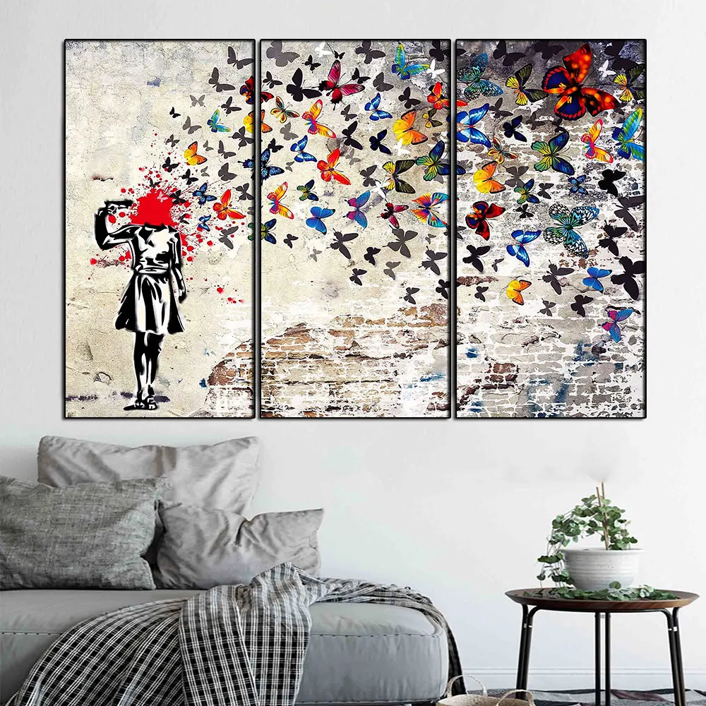 

3 PCS Banksy Artwork Girl With Butterfly Canvas Paintings On The Wall Abstract Pictures Prints for Modern Home Room Decoration