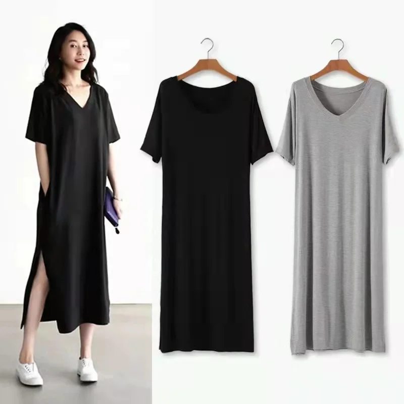 Summer 2022 Modal Full Skirt Short Sleeves Loose Slit V Neck Pocket Fat MM Large Size Slimming Dress
Summer 2022 Modal Full Skirt Short Sleeves Loose Slit V Neck Pocket Fat MM Large Size Slimming Dress