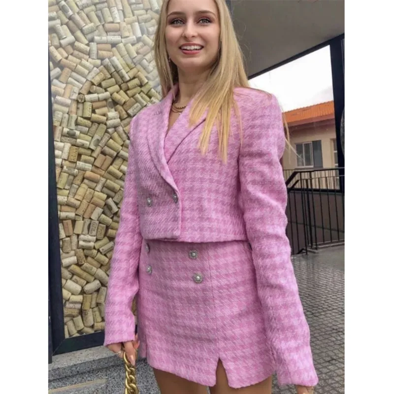 

Женский твидовый Блейзер, элегантный розовый пиджак с узором «гусиные лапки», прямая юбка с высокой талией и жемчужными пуговицами для деву...