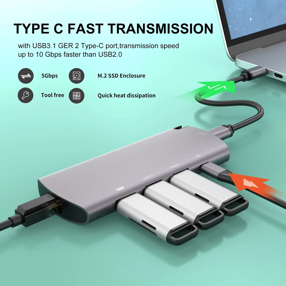 USB C Hub To HDMI-Compatible USB Adapter with M.2 Port SSD Enclosure Gigabit Ethernet LAN PD 100W Thunderbolt 3 for Macbook Pro
USB C Hub To HDMI-Compatible USB Adapter with M.2 Port SSD Enclosure Gigabit Ethernet LAN PD 100W Thunderbolt 3 for Macbook Pro