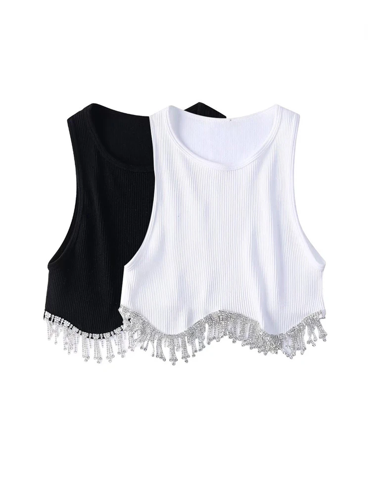 

TRAF Women Fashion with Rhinestone Tassel Crop Ribbed Knit Tank Tops Vintage O Neck Sleeveless Female Camis Mujer Casual Tanks