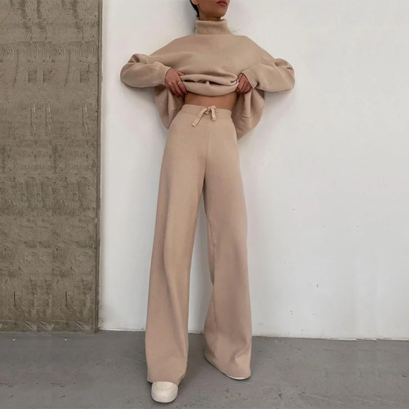 2022 Winter Casual Warm Outfits Women Knitted Two Pieces Set Elegant Solid Turtleneck Sweater Top + Wide Leg Straight Pants Suit
2022 Winter Casual Warm Outfits Women Knitted Two Pieces Set Elegant Solid Turtleneck Sweater Top + Wide Leg Straight Pants Suit