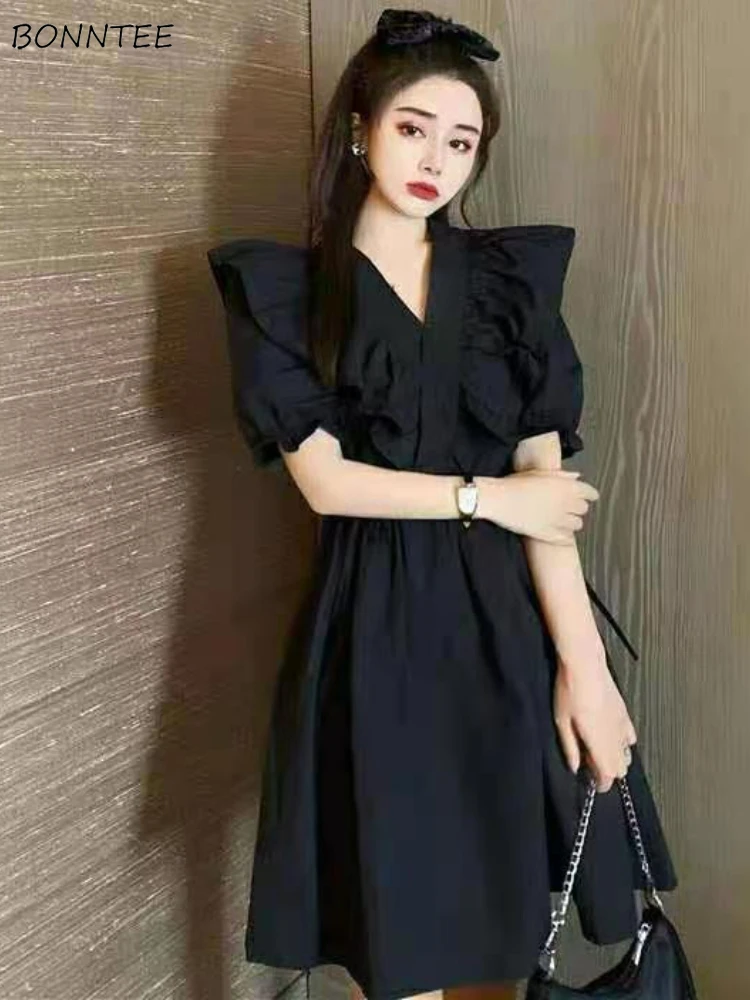 

Dresses Women Elegant Streetwear Mature A-line Design Holiday Chic Puff Sleeve Simple Attractive Solid European Style Romantic