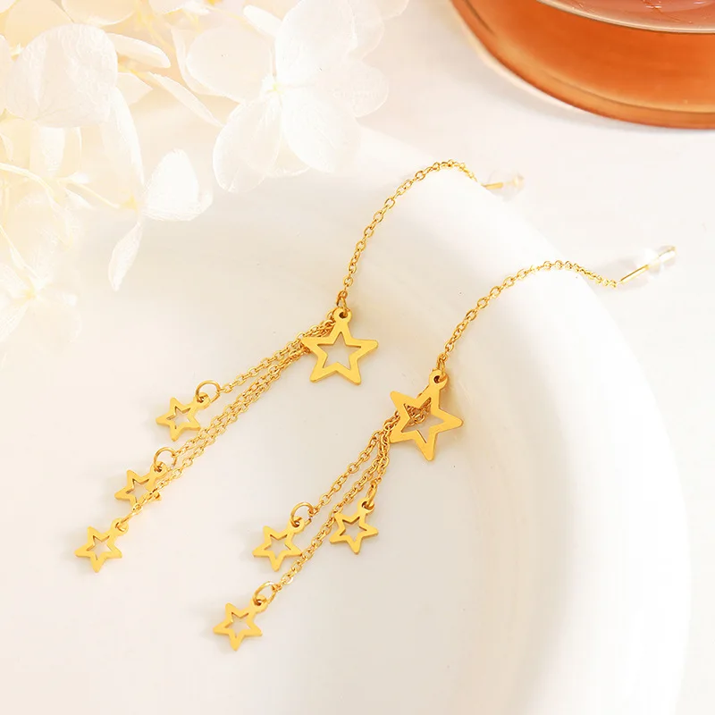 Spring freshening Long tassel type Earrings full star ear line titanium steel plated 18K gold Charms
Spring freshening Long tassel type Earrings full star ear line titanium steel plated 18K gold Charms