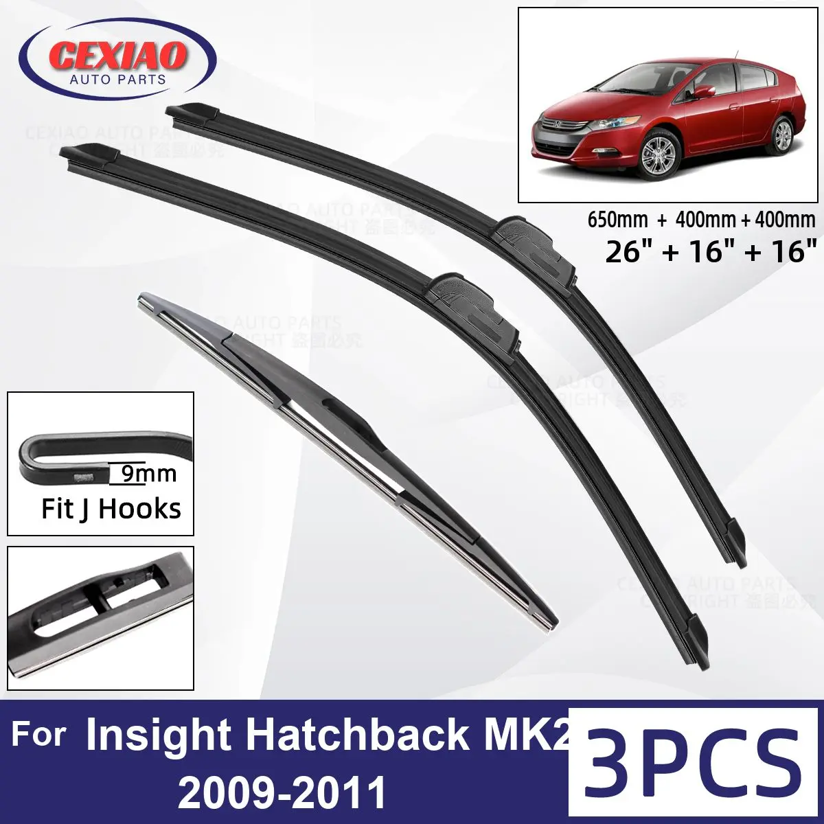 

For Honda Insight Hatchback MK2 2009-2011 Car Front Rear Wiper Blades Soft Rubber Windscreen Wipers Auto Windshield 26"+16"+16"