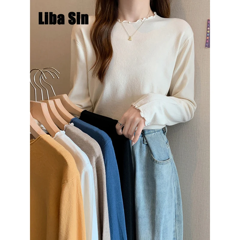 

Женская трикотажная рубашка Liba Sin, с круглым вырезом и длинным рукавом, однотонная трикотажная рубашка с деревянными ушками, топы на осень и ...