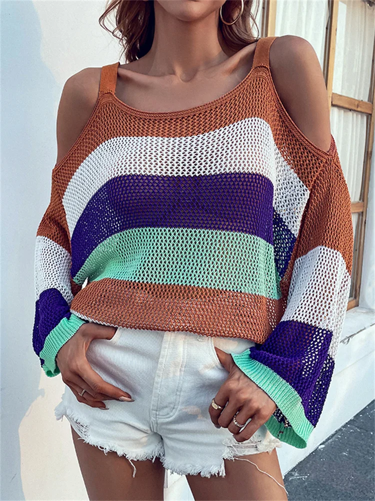 hirigin Summer Autumn Sweaters Women Striped Off Shoulder Round Collar Knitted Long Flare Sleeve Hollow Out Pullover Sweaters
hirigin Summer Autumn Sweaters Women Striped Off Shoulder Round Collar Knitted Long Flare Sleeve Hollow Out Pullover Sweaters