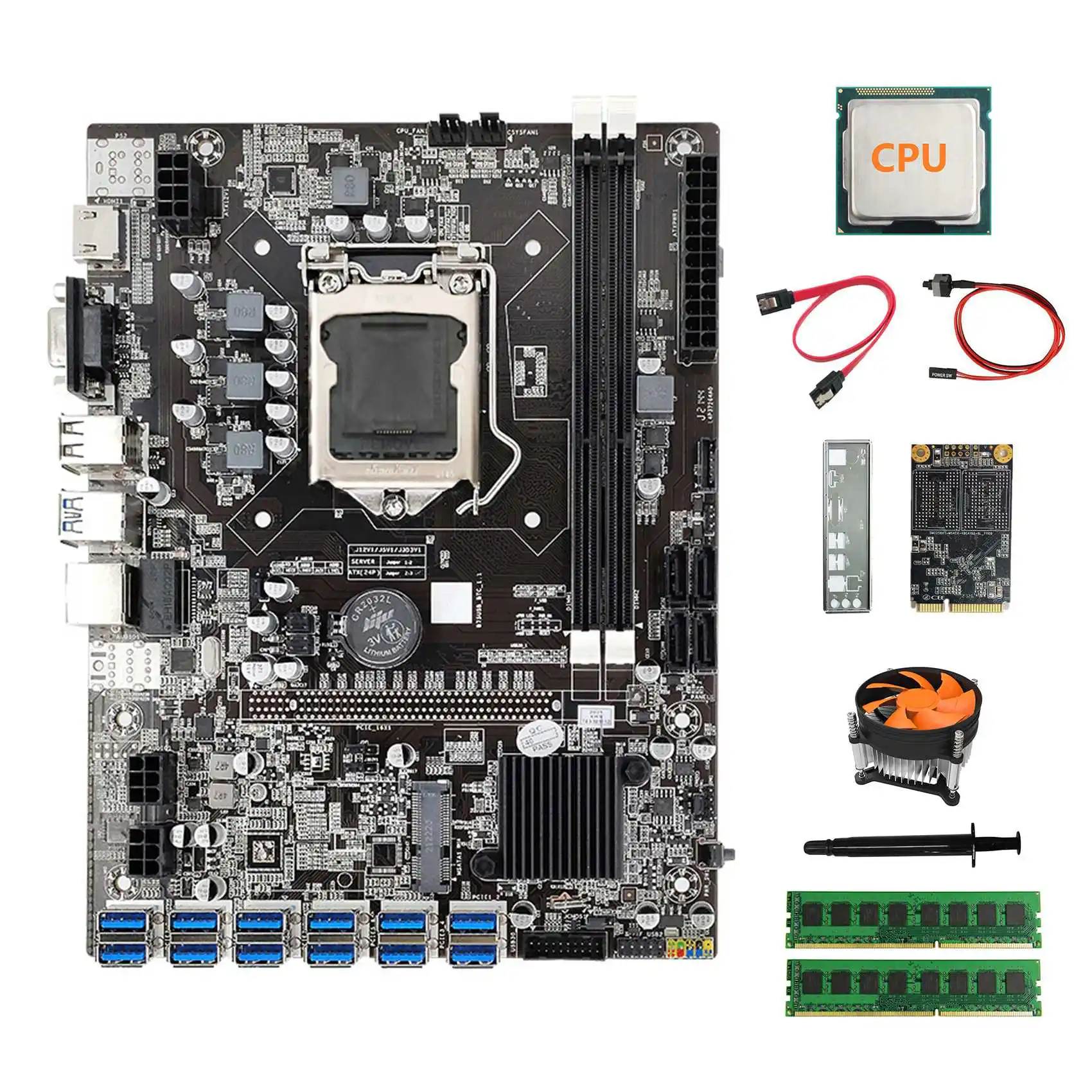 B75 BTC Mining Motherboard 12XUSB+CPU+2XDDR3 4GB 1600Mhz RAM+128G SSD+Fan+SATA Cable+Switch Cable+Thermal Grease+Baffle
B75 BTC Mining Motherboard 12XUSB+CPU+2XDDR3 4GB 1600Mhz RAM+128G SSD+Fan+SATA Cable+Switch Cable+Thermal Grease+Baffle