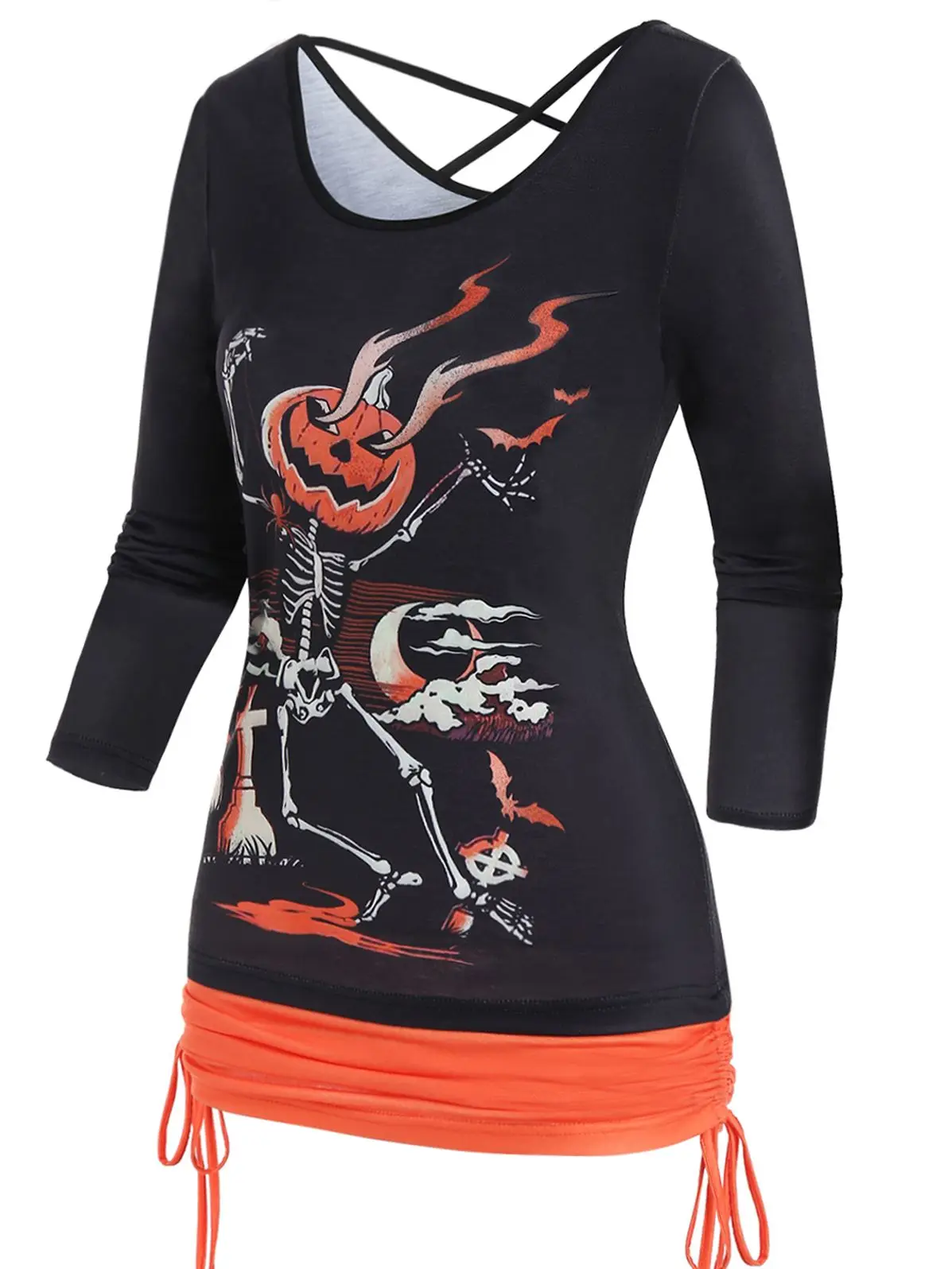 

Pumpkin Printed Halloween Tee Contrast Colorblock Faux Twinset T Shirt Skeleton Print Cinched Ruched Crisscross Autumn T-Shirt