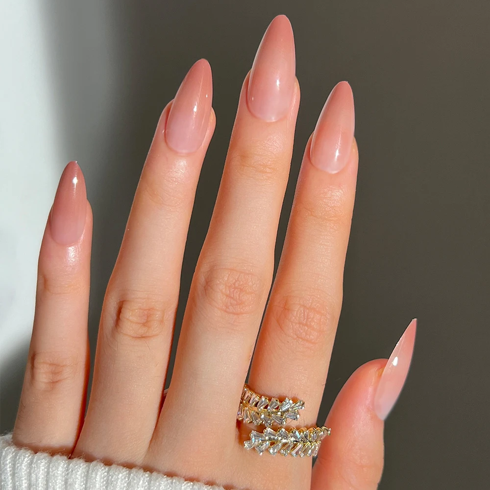 

False Nails Nude Pink Gradient Almond Fake Nail Patch 24pcs Pointed Head Manicure Nail Tips Full Finished Acrylic Nail Art Tip