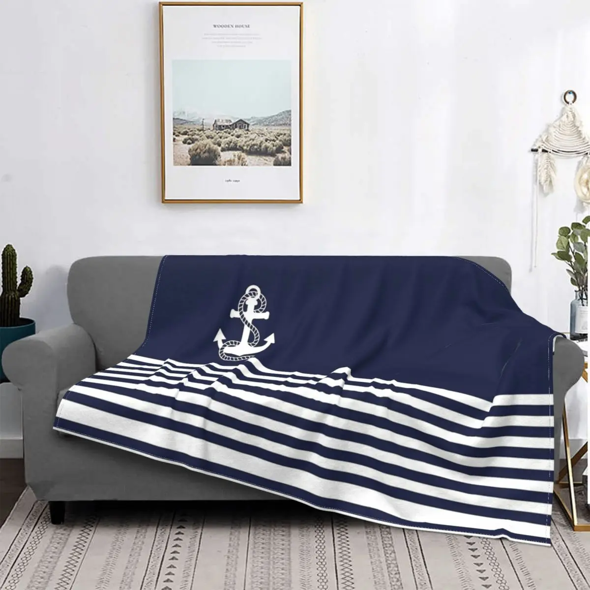 

Nautical Navy Blue Stripes And White Anchor Blankets Fleece Multi-function Soft Throw Blanket for Home Bedroom Bedspread