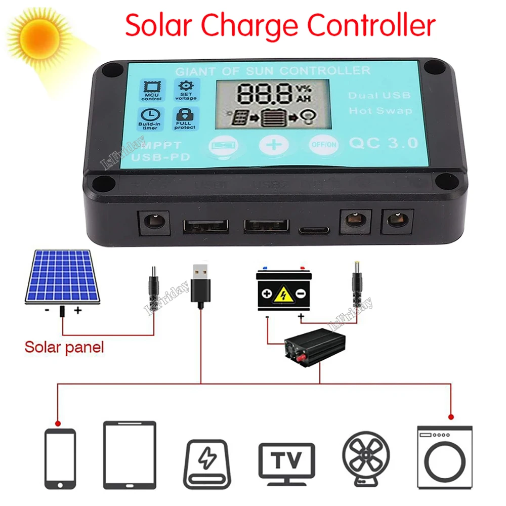 MPPT Solar Charge Controller 10A 20A 60A 80A 100A 12V/24V with Dual USB Waterproof Auto Display Solar Panel Regulator Controller
MPPT Solar Charge Controller 10A 20A 60A 80A 100A 12V/24V with Dual USB Waterproof Auto Display Solar Panel Regulator Controller