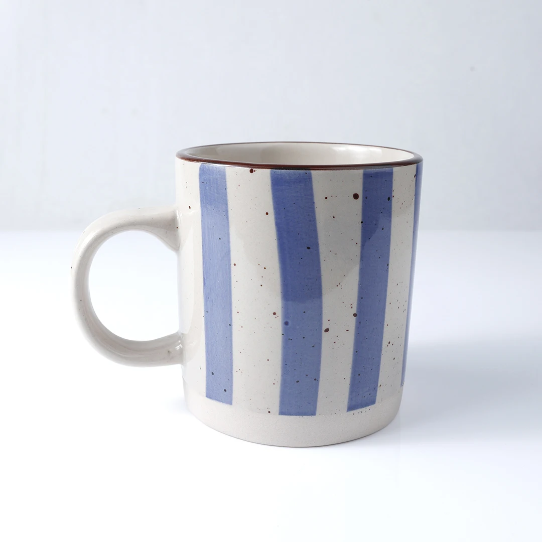 

10 oz personalized blue striped rustic pattern hand painted stoneware mug with strip design