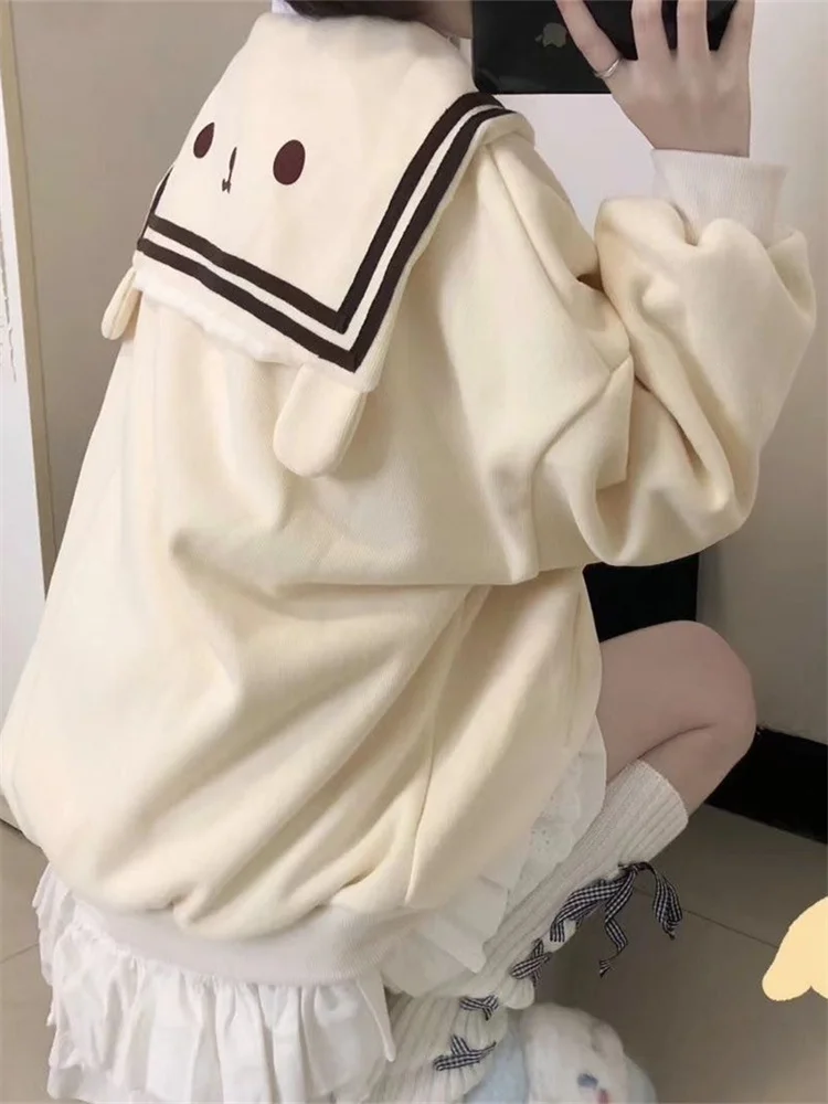 

Harajuku Kawaii Zip Up Hoodie Women Sailor Collar Japanese Style Cute Sweatshirts Oversize Lolita Girly Anime Print Jacket