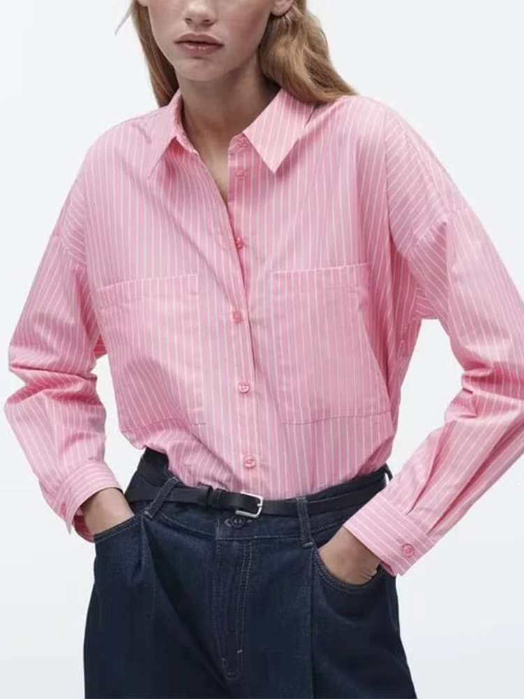 TRAF 2023 Women Striped Printed Blouses Shirt Summer Causal Pink Turn Down Collar Long Sleeved Tops Single Breasted T-Shirts
TRAF 2023 Women Striped Printed Blouses Shirt Summer Causal Pink Turn Down Collar Long Sleeved Tops Single Breasted T-Shirts