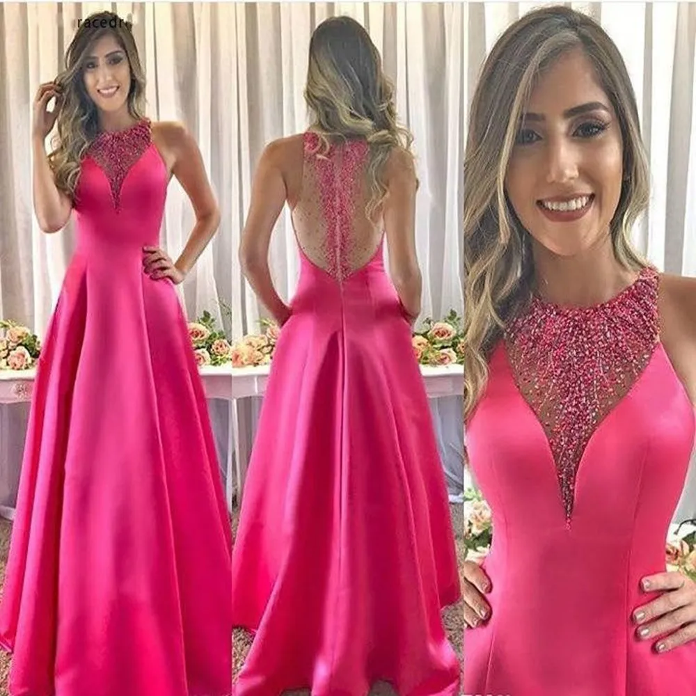 

New Arrival Fuchsia Evening Dress A-Line Beaded Satin Long Holiday Wear Pageant Prom Party Gown vestidos de noche فساتين السهرة