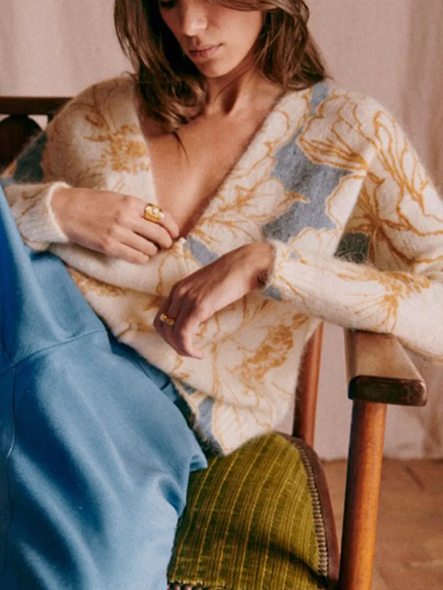 

Женский мохеровый кардиган с контрастными цветами, свободный винтажный однобортный свитер с V-образным вырезом и длинным рукавом для ранней весны 2023
