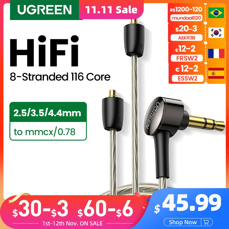 UGREEN 2.5mm 3.5mm 4.4mm to mmcx 0.78mm Balanced HiFi Replacement Earphone High-Purity Monocrystalline Silver Headphone Cable
UGREEN 2.5mm 3.5mm 4.4mm to mmcx 0.78mm Balanced HiFi Replacement Earphone High-Purity Monocrystalline Silver Headphone Cable