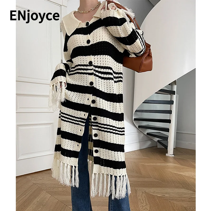 Women Retro Striped Hollow Fringe Single Breasted Knitted Cardigan Sweater Korean Style Casual Silm Long Knit Coat 
Women Retro Striped Hollow Fringe Single Breasted Knitted Cardigan Sweater Korean Style Casual Silm Long Knit Coat
