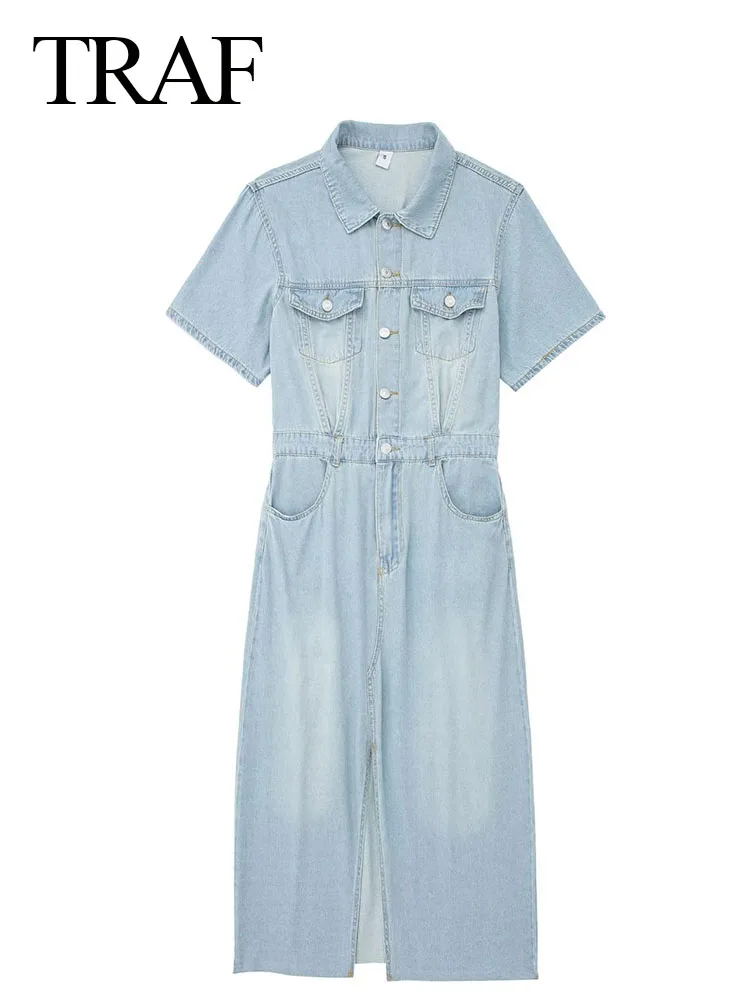 TRAF Fashion Elegant Female Short Sleeve Lapel Blue Denim Dresses Woman Summer Chic Single Breasted Party Slim Midi Dress
TRAF Fashion Elegant Female Short Sleeve Lapel Blue Denim Dresses Woman Summer Chic Single Breasted Party Slim Midi Dress