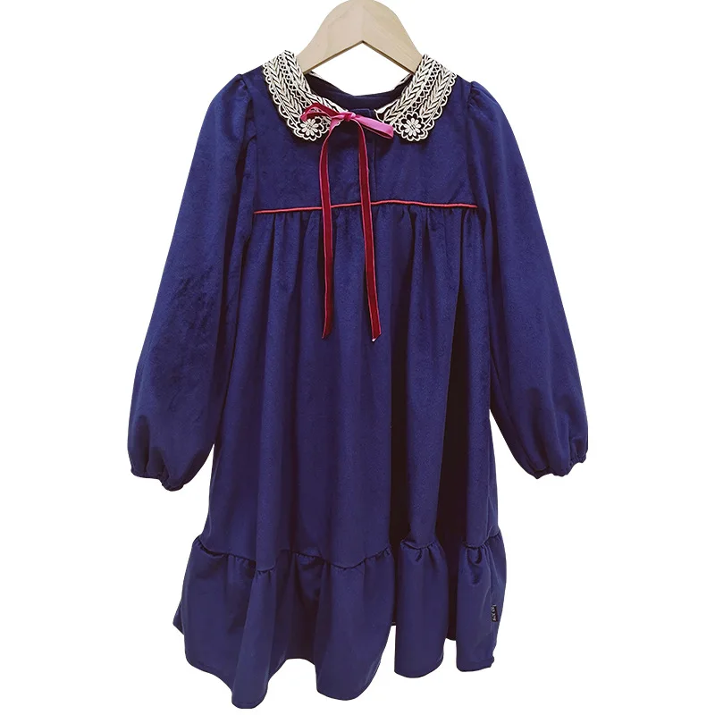 Детское платье принцессы на флисовой подкладке, новинка 2023, осенне-зимнее бархатное платье, одежда в стиле преппи для девочек, #7171