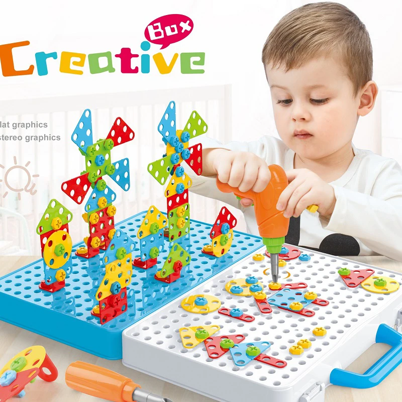 

DIY электрическая дрель гайка 3D Творческая мозаика головоломка разборка матч блоки семейный дизайн для детей обучающая игрушка