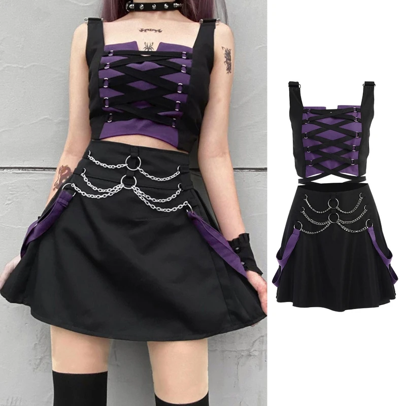 Women Gothic 2pcs Outfit Sleeveless Colorblock Lace-Up Crop Top Chain Mini Skirt
Women Gothic 2pcs Outfit Sleeveless Colorblock Lace-Up Crop Top Chain Mini Skirt