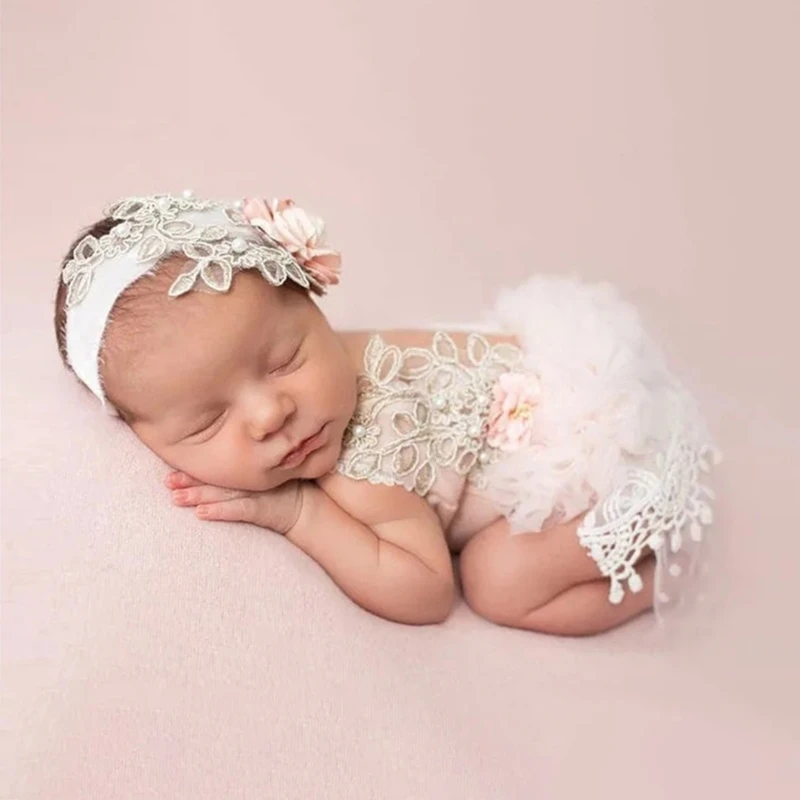

Q81A Newborn Baby Lace Dress Photography Prop Costume Headbands Hat 1 Month Outfit Set for Girls