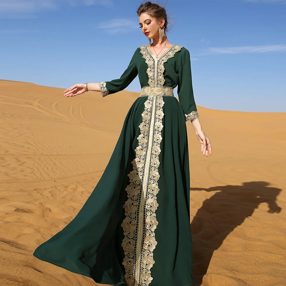 

Green Embroidered Lace Abaya Elegant Vintage Vacation Clothing Gorgeous Middle Eastern Dress Turkish Dresses for Women for Party