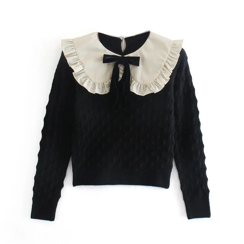 ZXQJ Women Fashion With Bow Splicing Knit Sweater Vintage Peter Pan Collar Long Sleeve Casual Female Pullover Chic Tops
ZXQJ Women Fashion With Bow Splicing Knit Sweater Vintage Peter Pan Collar Long Sleeve Casual Female Pullover Chic Tops
