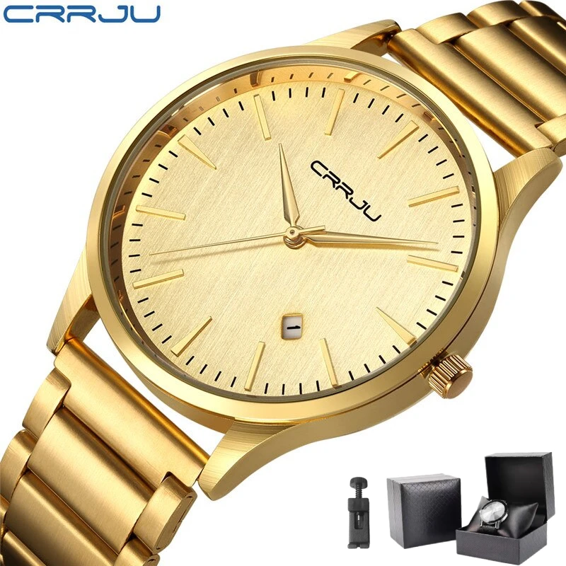 

CRRJU 2135 Luxury Brand Men Watch Full Steel Ultra-Thin Mesh Belt Clock Fashion Quartz Casual Male Sports Date Wristwatches