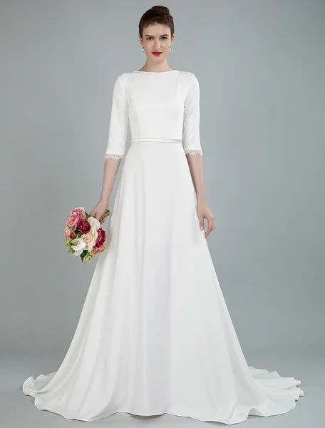Simple Wedding Dress Beaded Sash Backless Bateau Neck Half Sleeves A Line Bridal Gowns With Court Train
Simple Wedding Dress Beaded Sash Backless Bateau Neck Half Sleeves A Line Bridal Gowns With Court Train