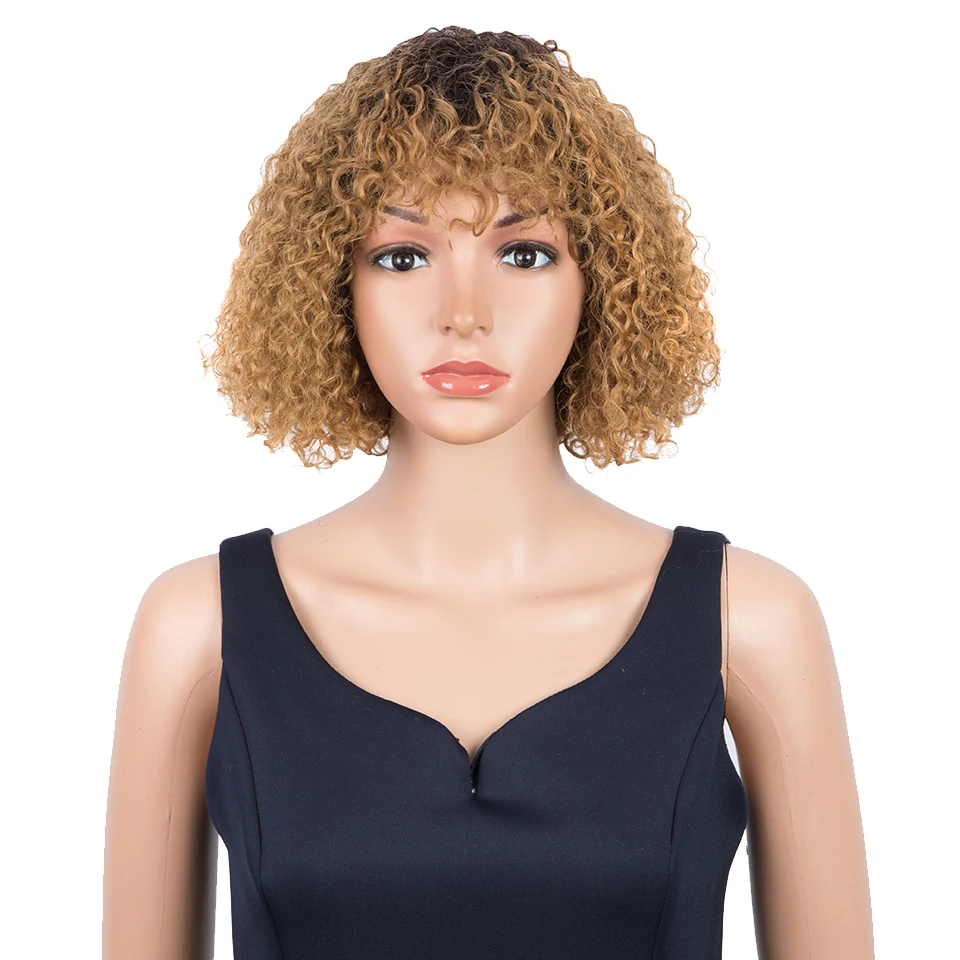 

Trueme Short Bob Wig With Bangs Jerry Curly Human Hair Bob Wigs For Women Kinky Curly Full Wig Remy Ombre Blonde 99J Brown Color