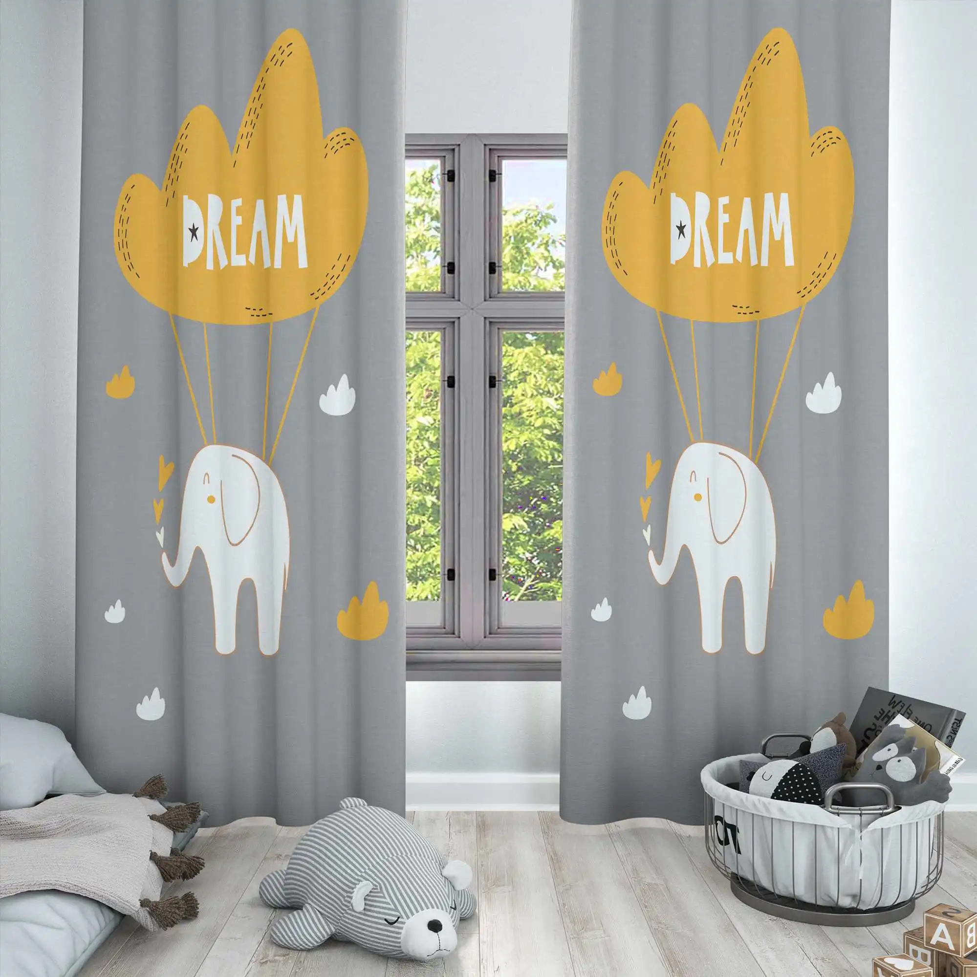 

Else Yellow Gray Cute Dream Elephant Nordic 3d Print Kids Baby Children Window Panel Set Curtain Combine Gift Pillow Case