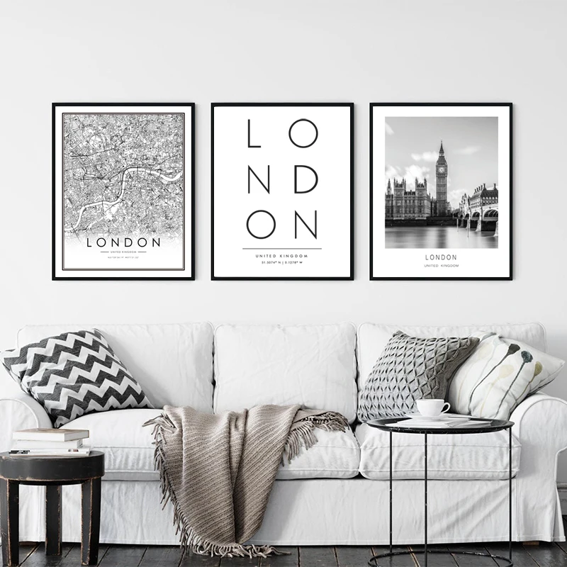 

Black and White London City Map Poster Canvas Print United kingdom Travel Posters Wall Art Pictures Painting Living Room Decor