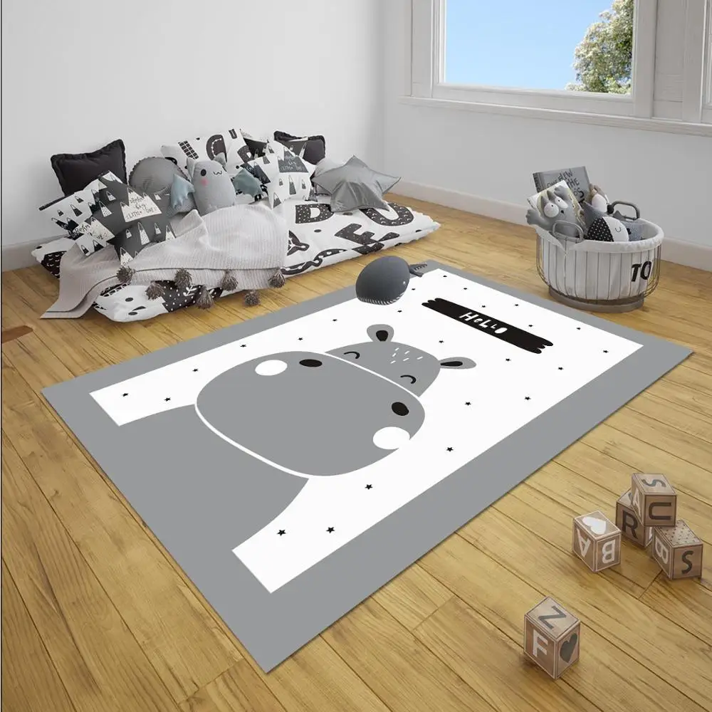 

Else Gray White Hippo Nordec Scandinavian Unisex 3d Print Non Slip Microfiber Children Baby Kids Room Decorative Area Rug Mat