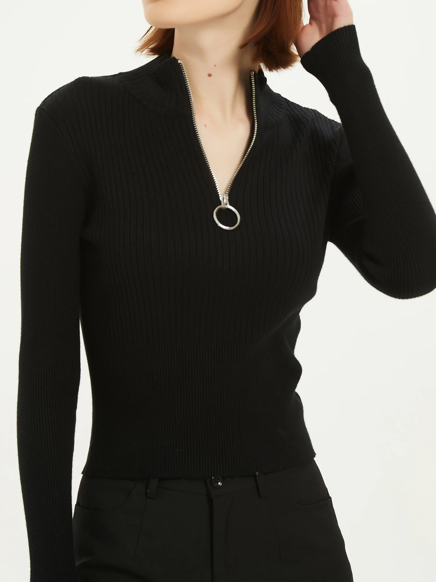 Кроп-топ на молнии женский свитер с ложным воротником вязаный пуловер в рубчик