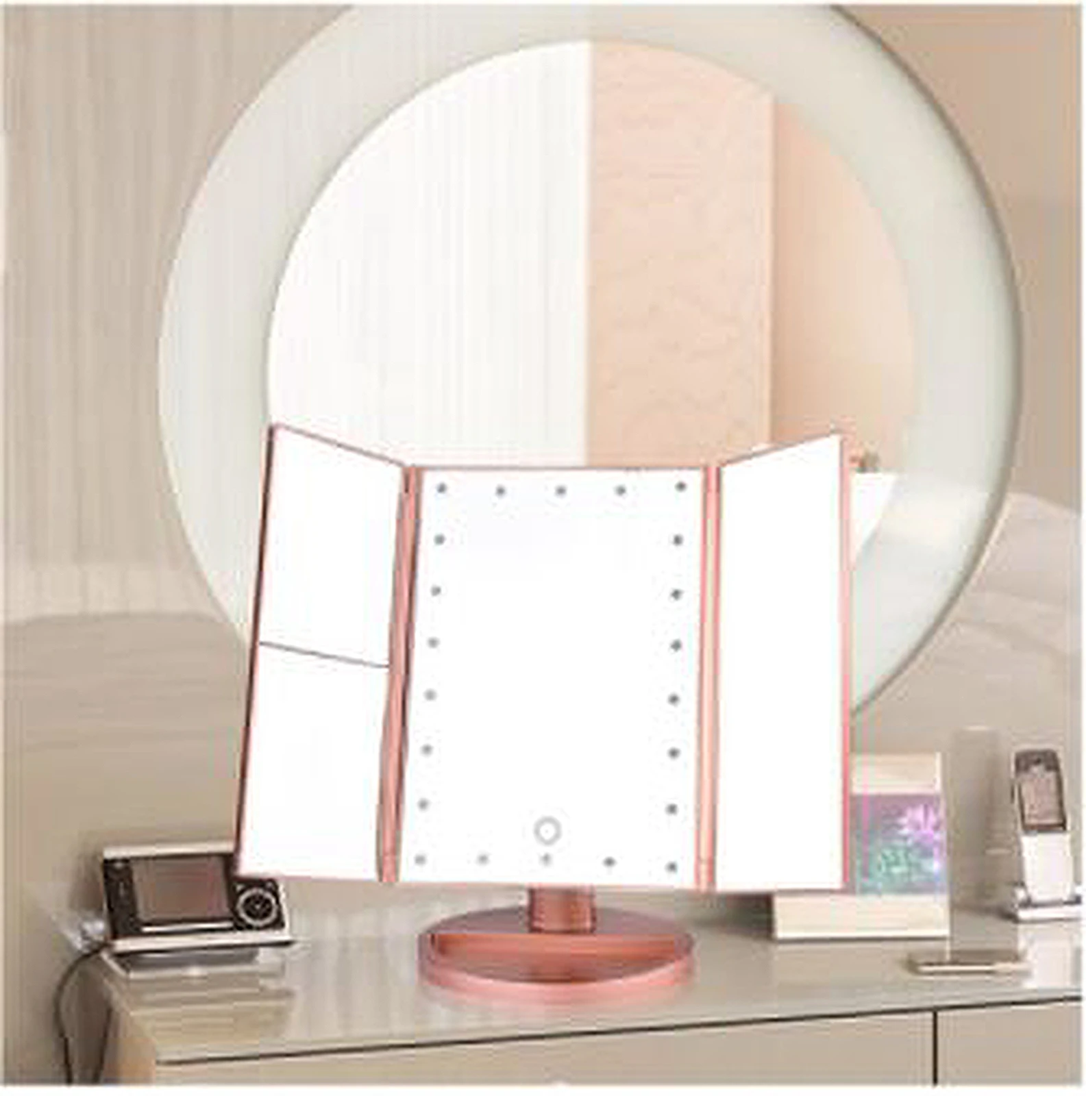 24 LED Lighted Vanity Mirror, 1X-2X-3X + 5X Hd Zoom, 3 Panels, Foldable, touch Sensor (PINK) (WHITE) 
24 LED Lighted Vanity Mirror, 1X-2X-3X + 5X Hd Zoom, 3 Panels, Foldable, touch Sensor (PINK) (WHITE)