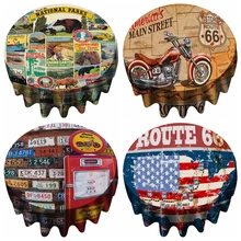 Various Old American License Gas Station Plates Route 66 Map Vintage National Park Posters Round Tablecloth By Ho Me Lili