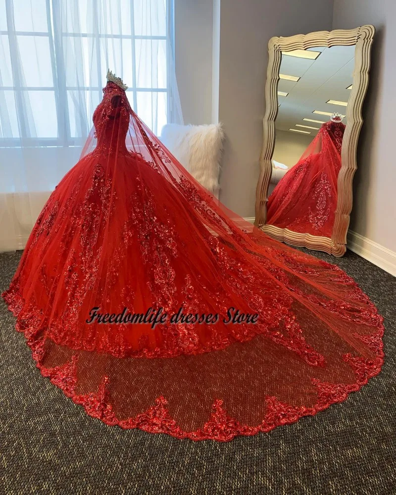 

Cara&Alan Red Princess Quinceanera Dresses With Cape Sequin Applique Volume vestidos de 15 años Green Pageant Dress