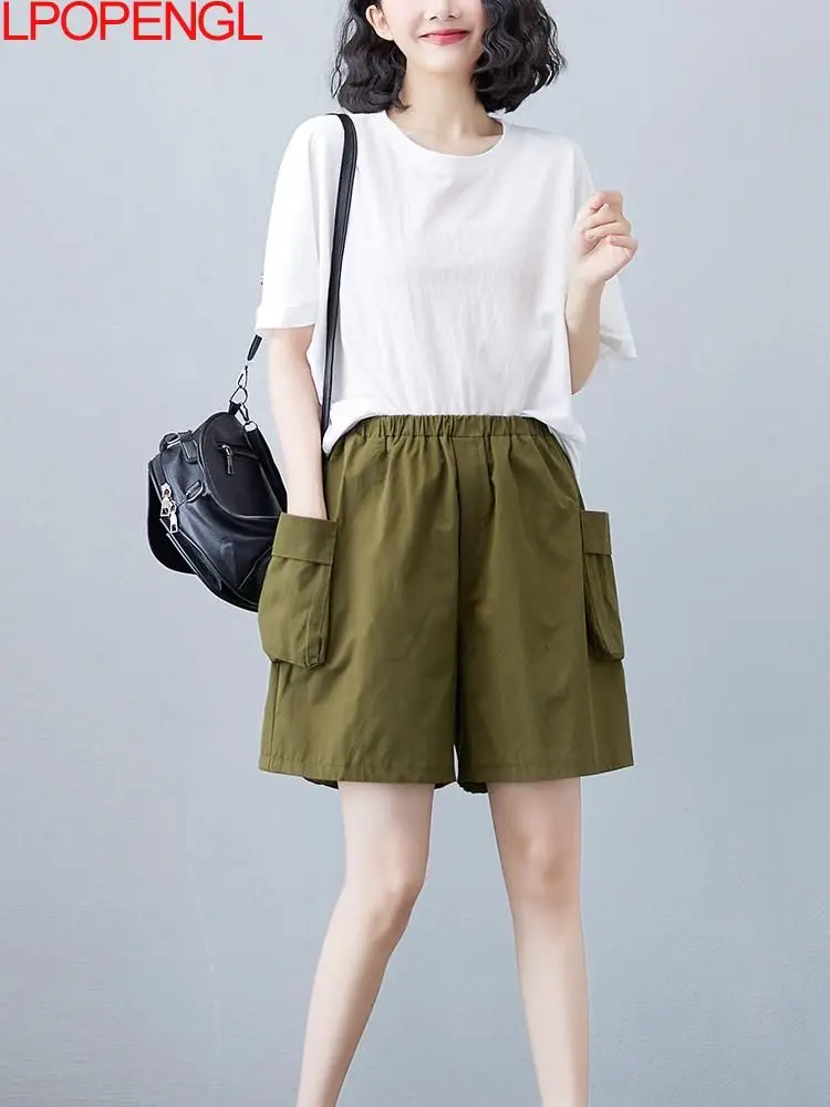 Women Summer Solid Color Pullover Top +pocket Cargo Shorts Loose Straight Casual High Waist Knee Length Shorts Ladies Suit 2022
Women Summer Solid Color Pullover Top +pocket Cargo Shorts Loose Straight Casual High Waist Knee Length Shorts Ladies Suit 2022