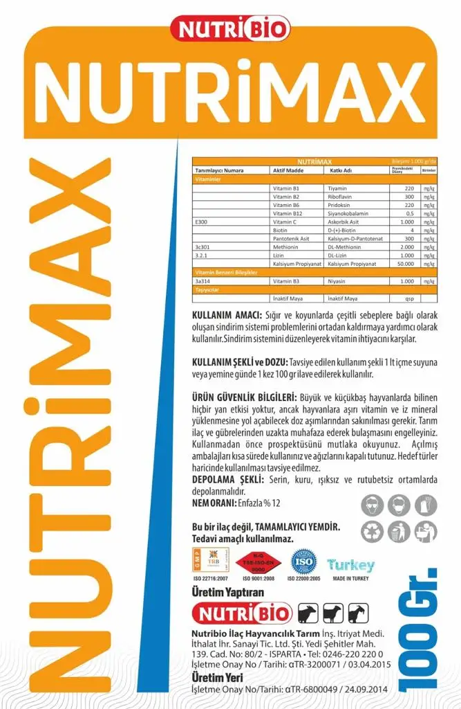 NUTRIMAX (Мультивитамин), порошок для регулирования желудка и кишечника для крупного и маленького крупного рогатого скота, 100 г
NUTRIMAX (Мультивитамин), порошок для регулирования желудка и кишечника для крупного и маленького крупного рогатого скота, 100 г