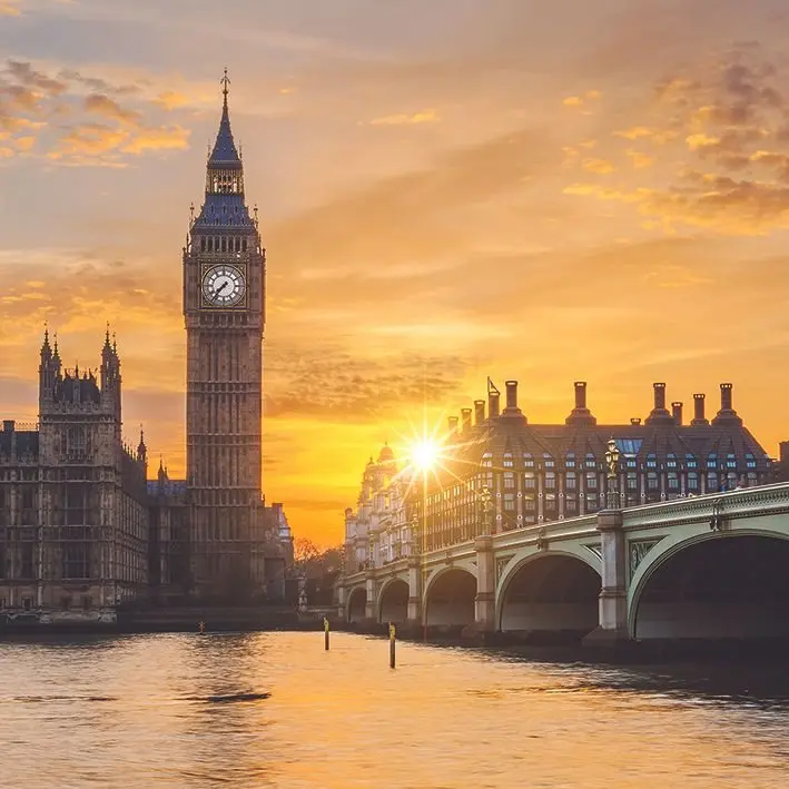 

Curtain Big Ben and Westminster Bridge Sunset at London, UK Historic Capital City Evening View Yellow Brown