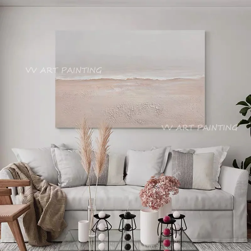 

Скандинавский розовый и серый пейзаж, Простой чистый океан, Морской стиль, современная абстрактная масляная живопись ручной работы, картина, настенное искусство, гостиная