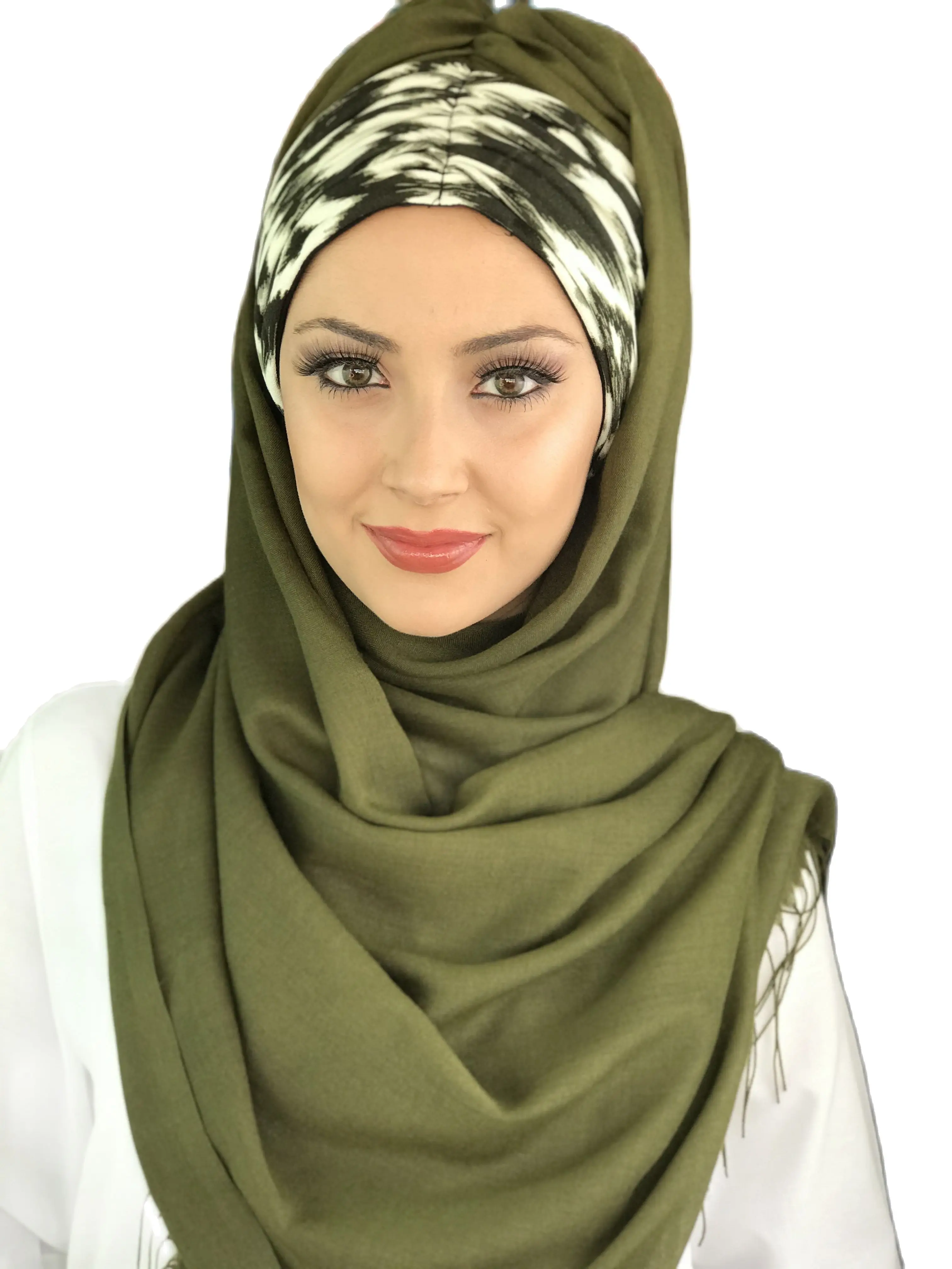 

New Fashion Hijab 2021 Women Muslim Chiffon Islamic Women's Hat Dark Khaki Color Cream Detailed Pleated Ready-made Shawl