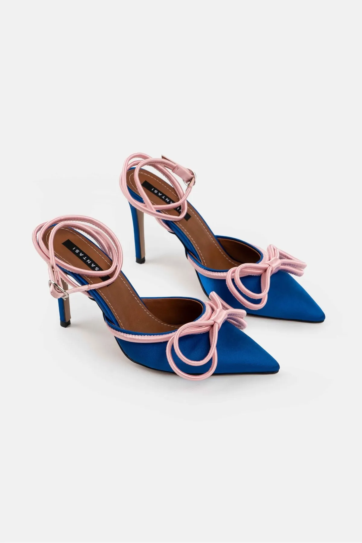 

Sax Blue Satin Powder Bow Detail Ankle Tied Women's Heeled Shoes Sexy Quality 2022 Summer Pointed Toe Sandals Strap Shinny Gift