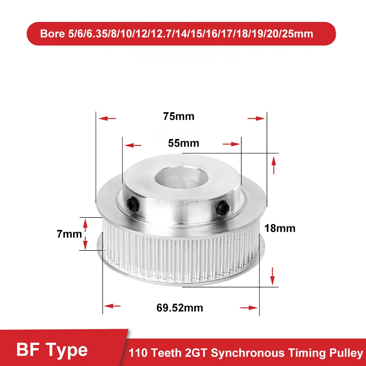 BF Type 110 Teeth 2GT Synchronous Timing Pulley Bore 5mm - 25mm Aluminium Idler Pulley For 6mm Width 2GT Timing Belt
BF Type 110 Teeth 2GT Synchronous Timing Pulley Bore 5mm - 25mm Aluminium Idler Pulley For 6mm Width 2GT Timing Belt