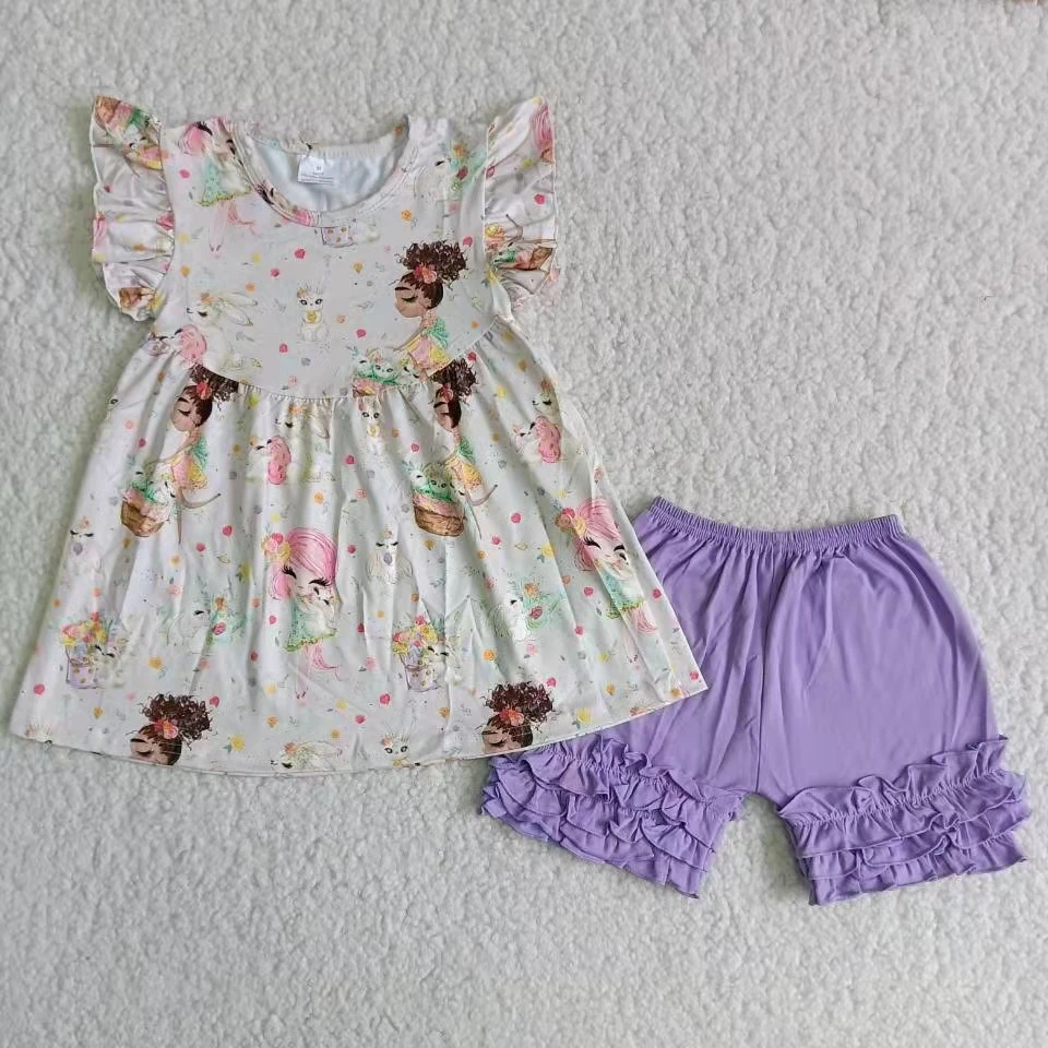 

Комплект одежды для маленьких девочек, топ с рукавами-фонариками и однотонные фиолетовые шорты, наряд, детская одежда, комплект детской оде...