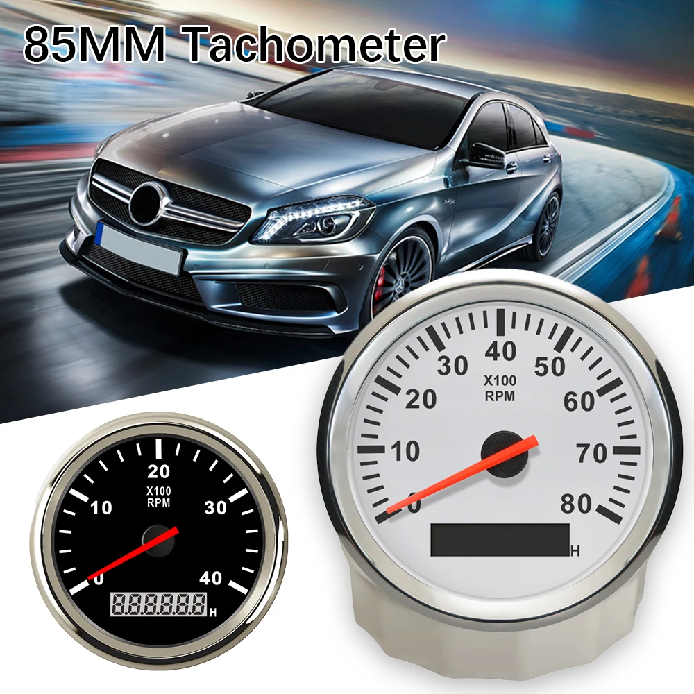 

85mm Car Boat Tacho Sensor Marine Tacho Meter with LCD Hourmeter 3000 4000 6000 8000 RPM Boat Tachometer 12V/24V Red Backlight