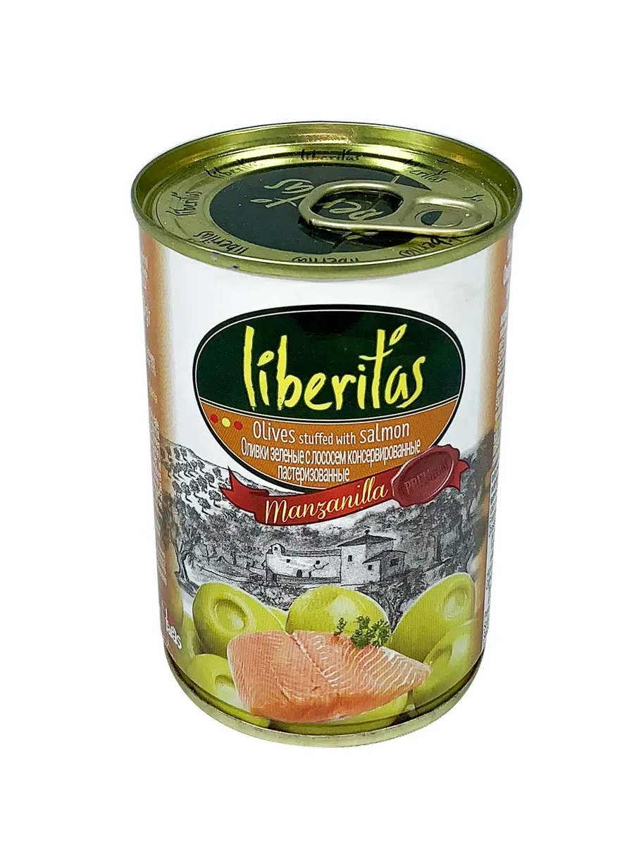 Оливки Liberitas фаршированные с лососем 0.300 мл. жестяная банка продукты питания. |